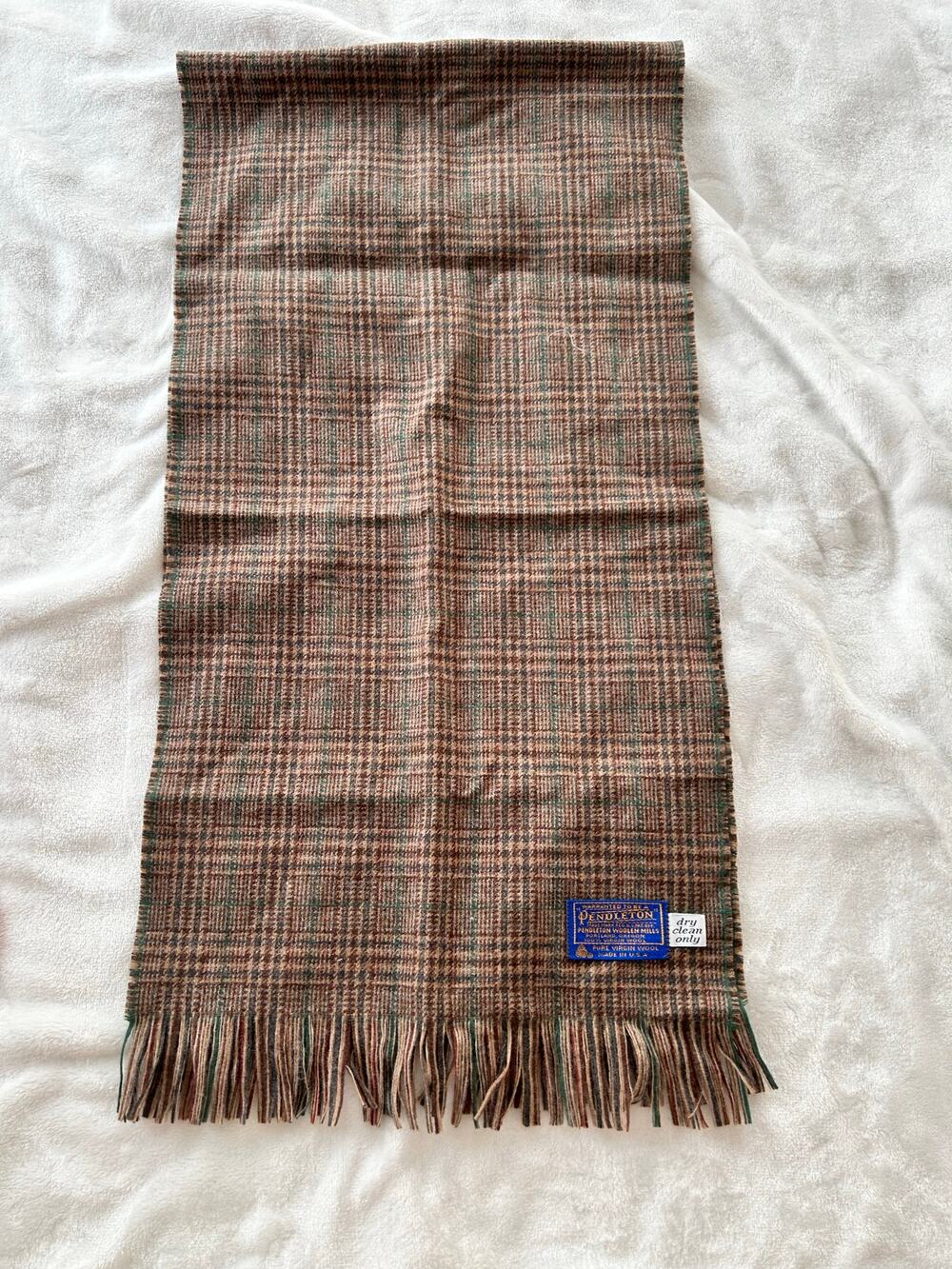 Pendleton 100% Virgin Wool Plaid Fringe Scarf Green Brown Classic USA made XC